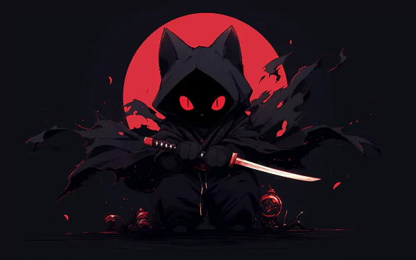 HD wallpaper of a black cat with a katana, invoking a ninja vibe against a red moon backdrop.