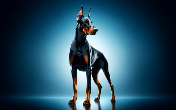 Majestic Doberman dog standing against a blue gradient background for HD desktop wallpaper.