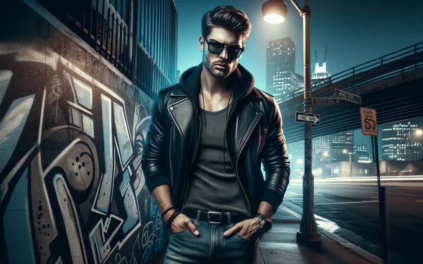 Stylish man in leather jacket standing confidently in an urban night scene with graffiti wall and city lights for HD desktop wallpaper.
