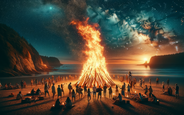 Spectacular beach bonfire at night with people gathered around, under a starry sky, available as an HD desktop wallpaper and background.