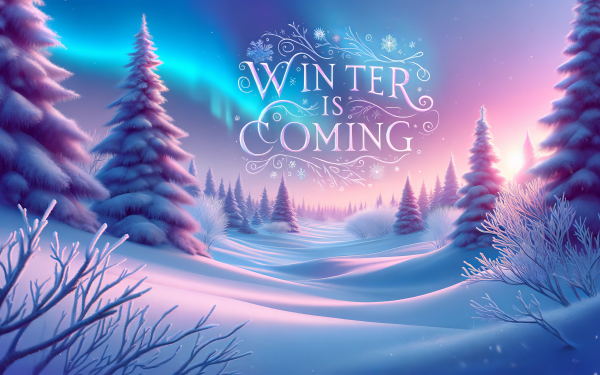 HD desktop wallpaper featuring a whimsical winter scene with snow-covered trees and 'Winter is Coming' text, ideal for a seasonal background.