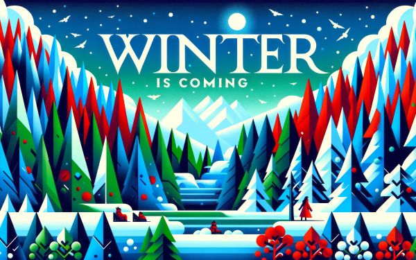 Stylized winter landscape HD wallpaper with colorful mountains, snowflakes, and Winter is Coming text for desktop background.