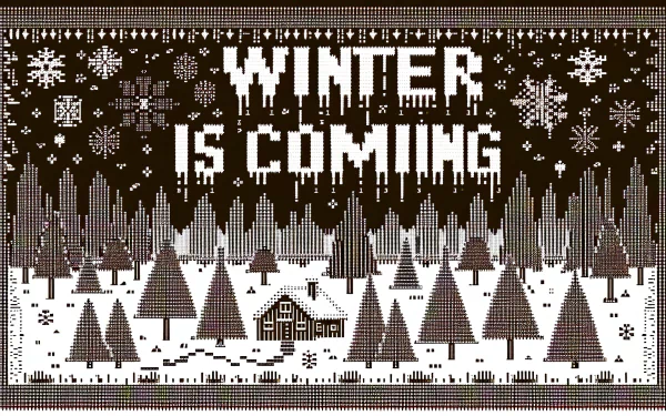 HD desktop wallpaper featuring a stylized winter scene with snow-covered cabins and trees, topped by the phrase WINTER IS COMING in bold, surrounded by snowflakes.