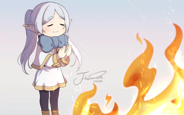 Anime character Frieren from Frieren: Beyond Journey's End stands peacefully beside a campfire, rendered in a 4K Ultra HD PC desktop wallpaper style.