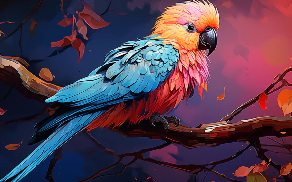 Colorful parakeet perched on a branch, vibrant HD wallpaper with autumn hues.