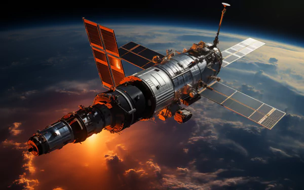 A stunning HD wallpaper showcases a futuristic satellite in orbit, surrounded by glowing clouds and the curvature of Earth, embodying a captivating sci-fi aesthetic.