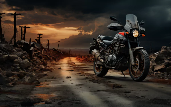 Black motorcycle parked on a deserted road at sunset with dramatic cloudy skies in the background, perfect as an HD desktop wallpaper and background.