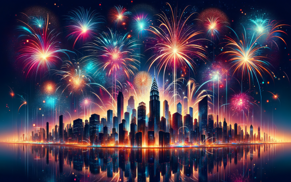 Vibrant fireworks display over a city skyline at night with reflections on water for HD desktop wallpaper.