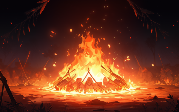 HD desktop wallpaper of a vibrant bonfire at night with sparks and embers rising against a dark backdrop