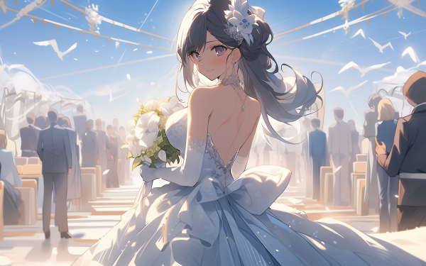 Elegant anime bride in a wedding dress at an altar, HD wedding-themed desktop wallpaper.