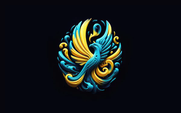 Ukraine-themed 8K Ultra HD PC desktop wallpaper: a stylized blue-and-yellow phoenix-like bird formed of flowing ribbons and ornate swirls against a deep dark background.