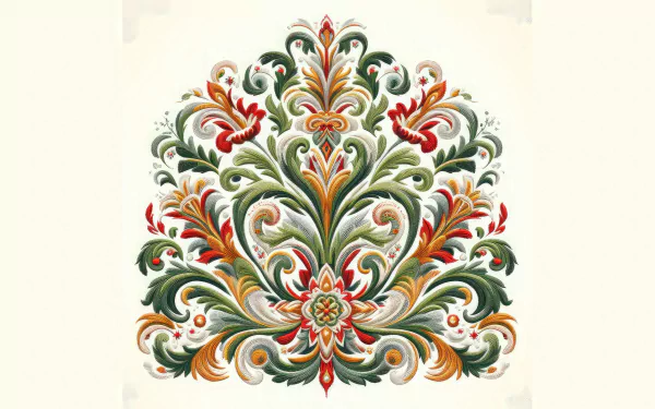 Intricate traditional Ukrainian floral embroidery design in vibrant red, orange, and green hues, rendered in 8K Ultra HD for a stunning PC desktop wallpaper.