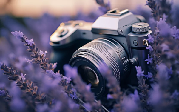 A high-definition desktop wallpaper featuring a camera nestled among vibrant lavender flowers, creating a serene and visually appealing scene.