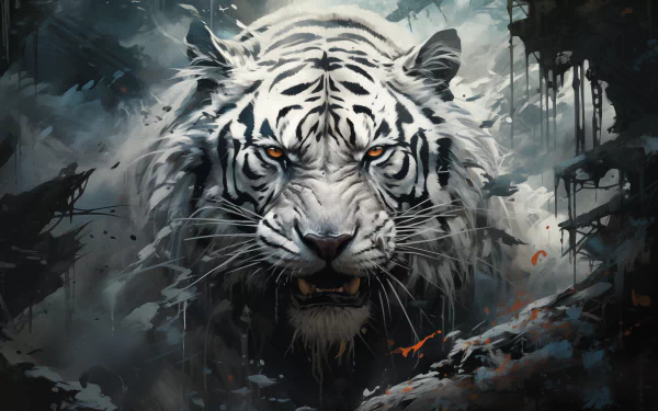 Artistic HD desktop wallpaper featuring a fierce white tiger with striking orange eyes amidst a dynamic, abstract background.
