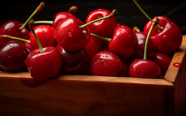 HD wallpaper of fresh, glistening cherries in a wooden crate perfect for a desktop background.