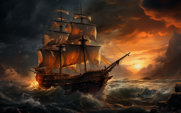 Majestic sailing ship on turbulent seas with a dramatic sunset background, perfect for HD desktop wallpaper and sailing enthusiasts.