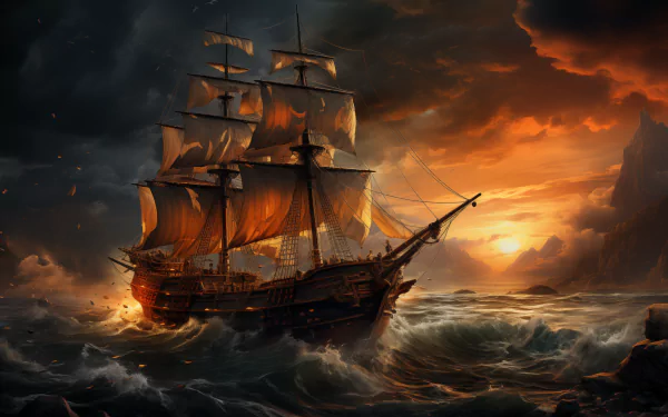 HD wallpaper of a sailing ship navigating stormy seas at sunset, with vivid orange skies and turbulent waves.