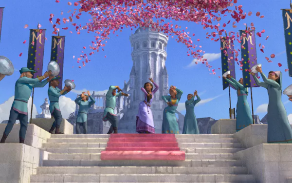HD wallpaper of Wish (2023) featuring animated characters celebrating with confetti in a festive scene with a tower in the background.
