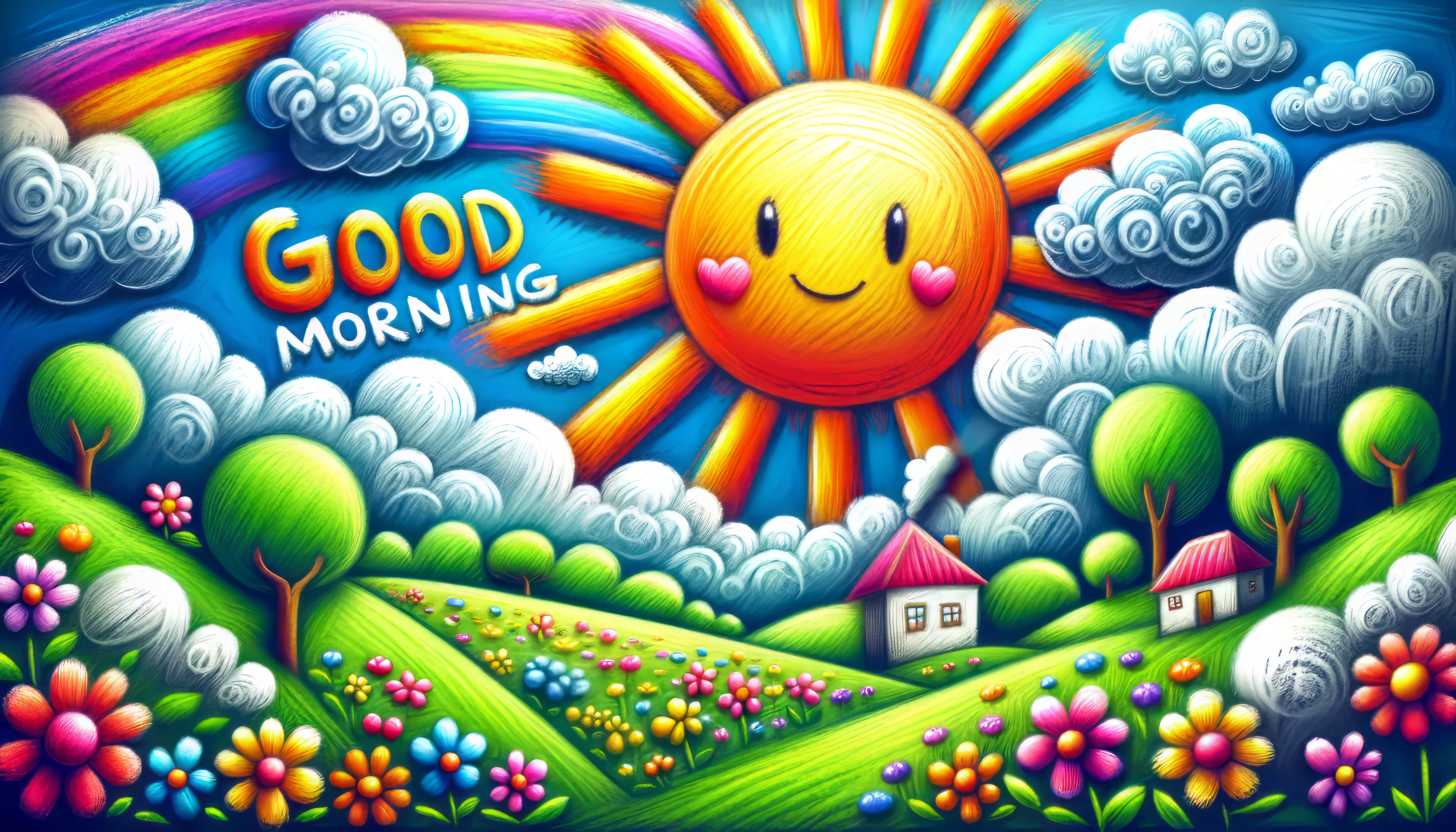 Colorful HD desktop wallpaper with a cheerful 'Good Morning' sun smiling above a vibrant landscape with rolling hills, flowers, and cute houses, ideal for a positive start to the day.