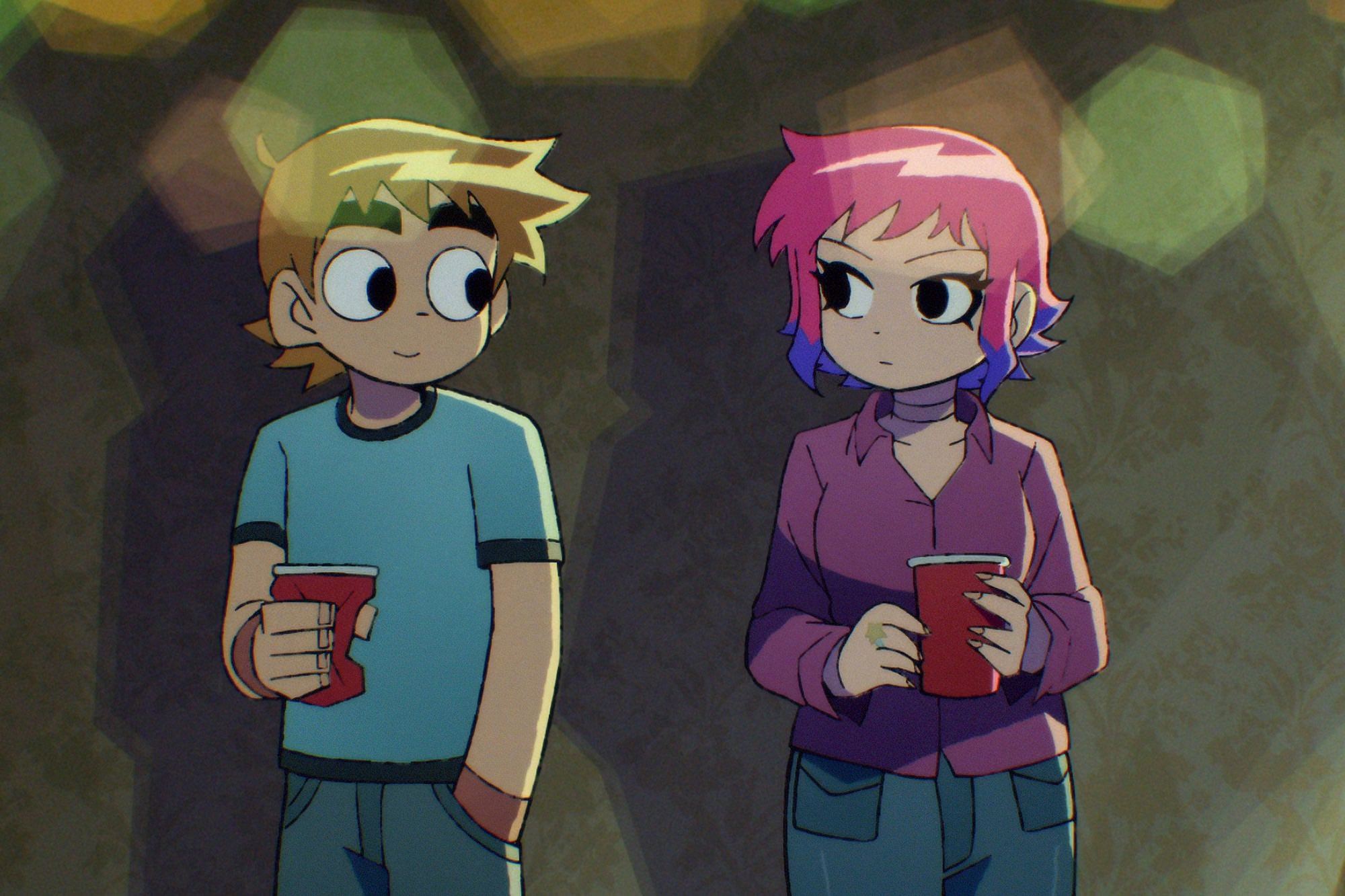 HD wallpaper featuring animated characters Scott Pilgrim and Ramona Flowers holding cups with a stylized background from Scott Pilgrim Takes Off.