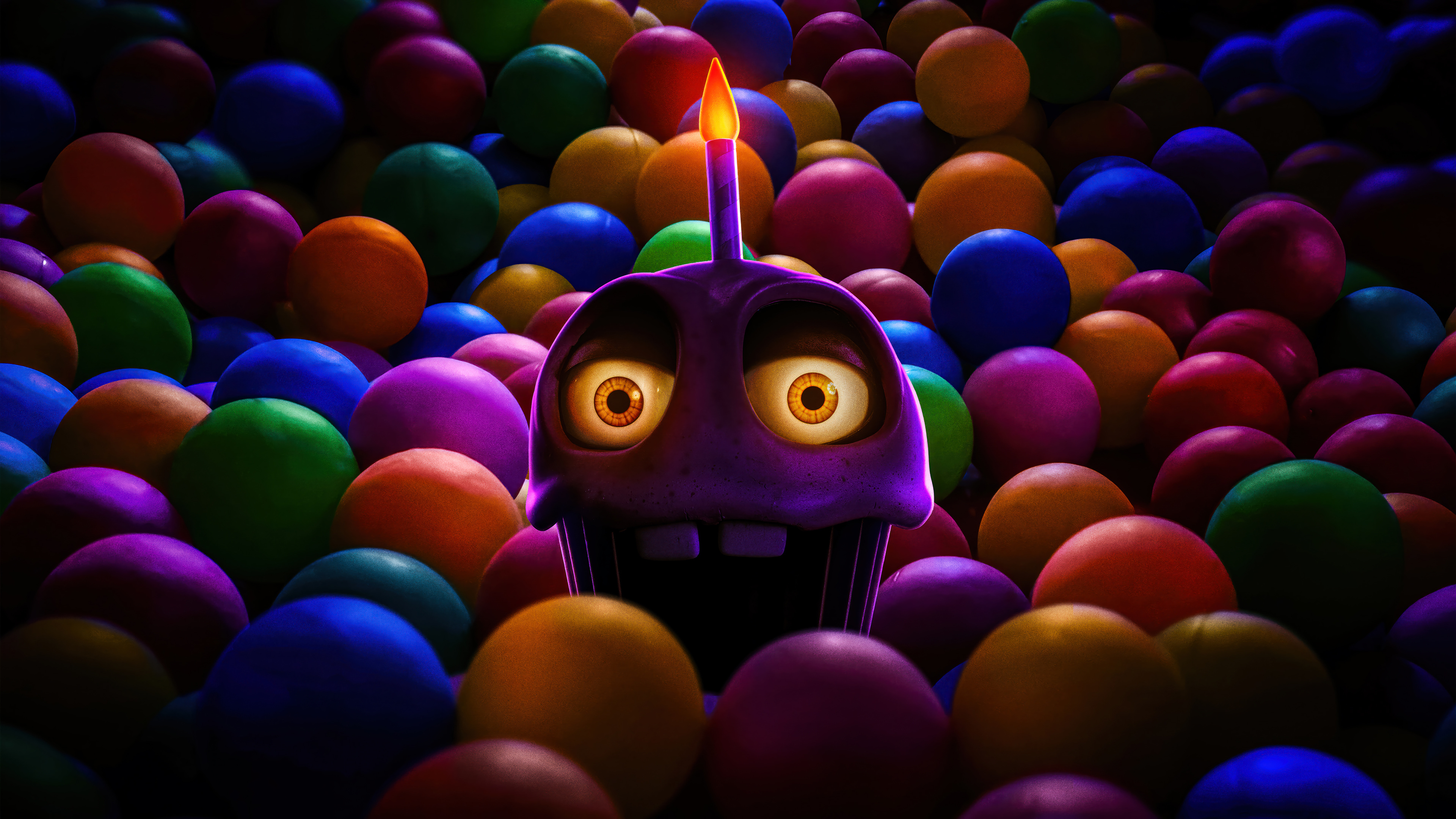 HD wallpaper of a Five Nights at Freddy's character peeking out from a colorful ball pit with a menacing expression, perfect for a desktop background.