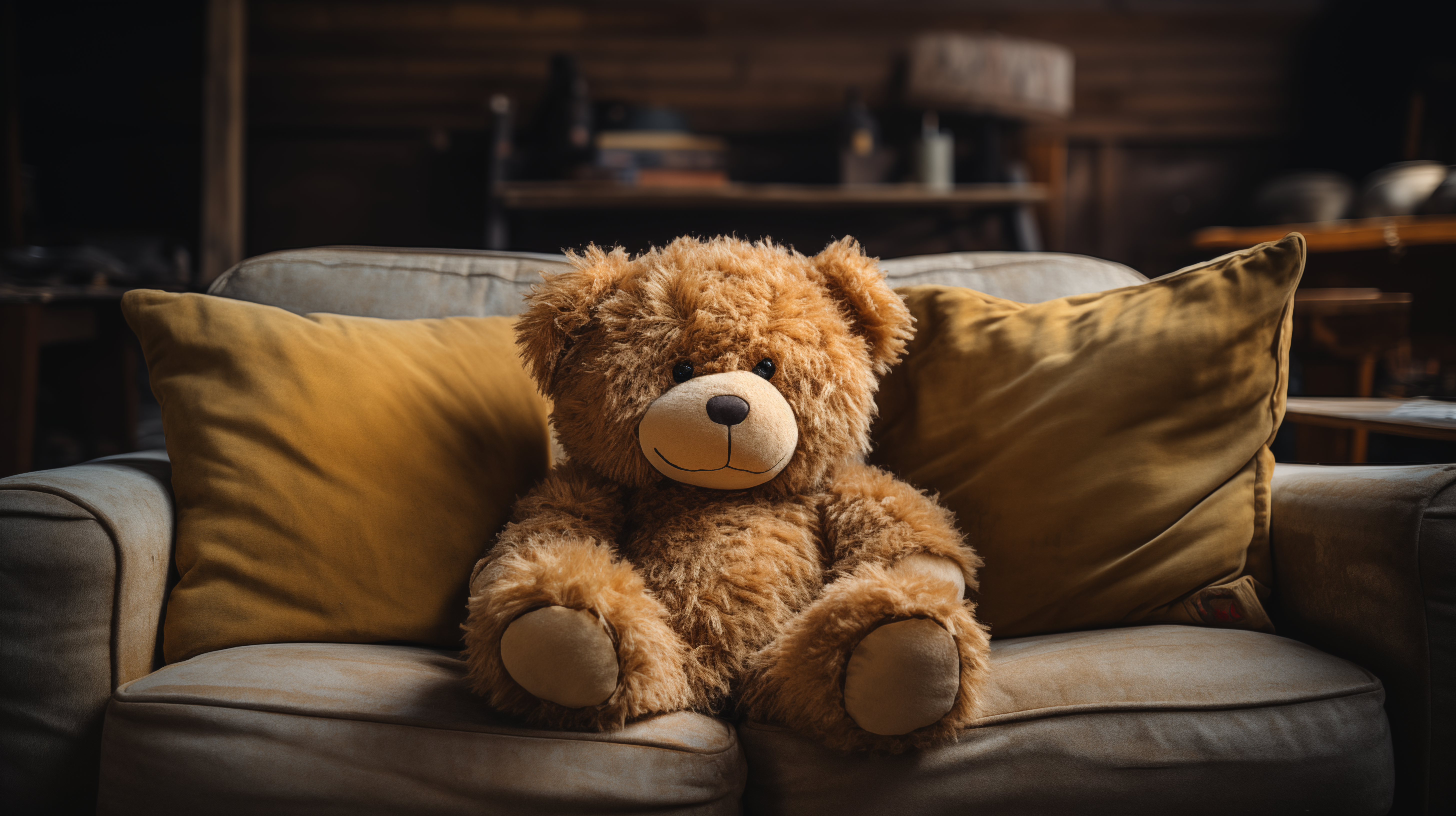 Cozy HD wallpaper of a fluffy teddy bear seated on a couch with yellow cushions, perfect for a warm desktop background.
