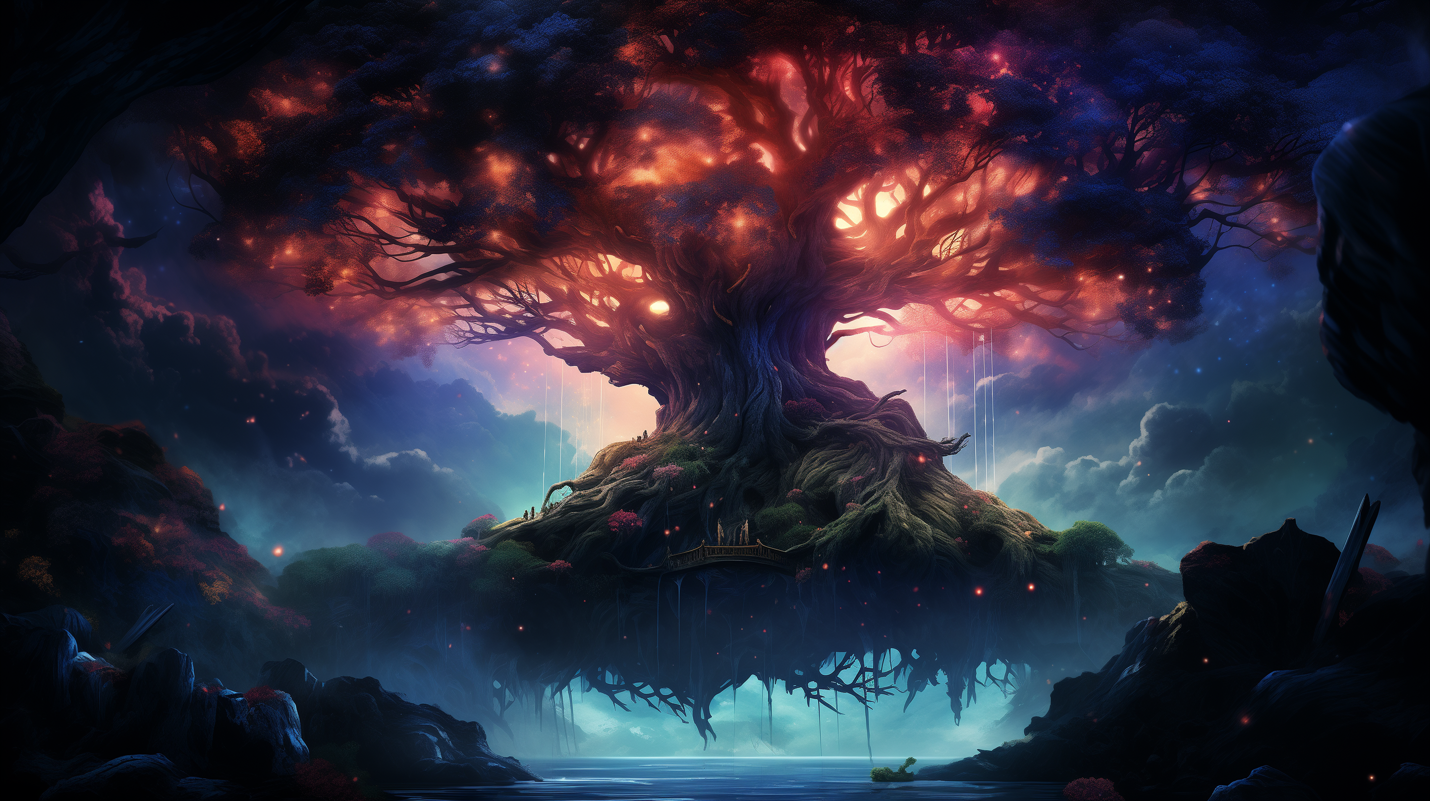 HD wallpaper of the mythical Yggdrasil tree in a mystical landscape, perfect for desktop background.