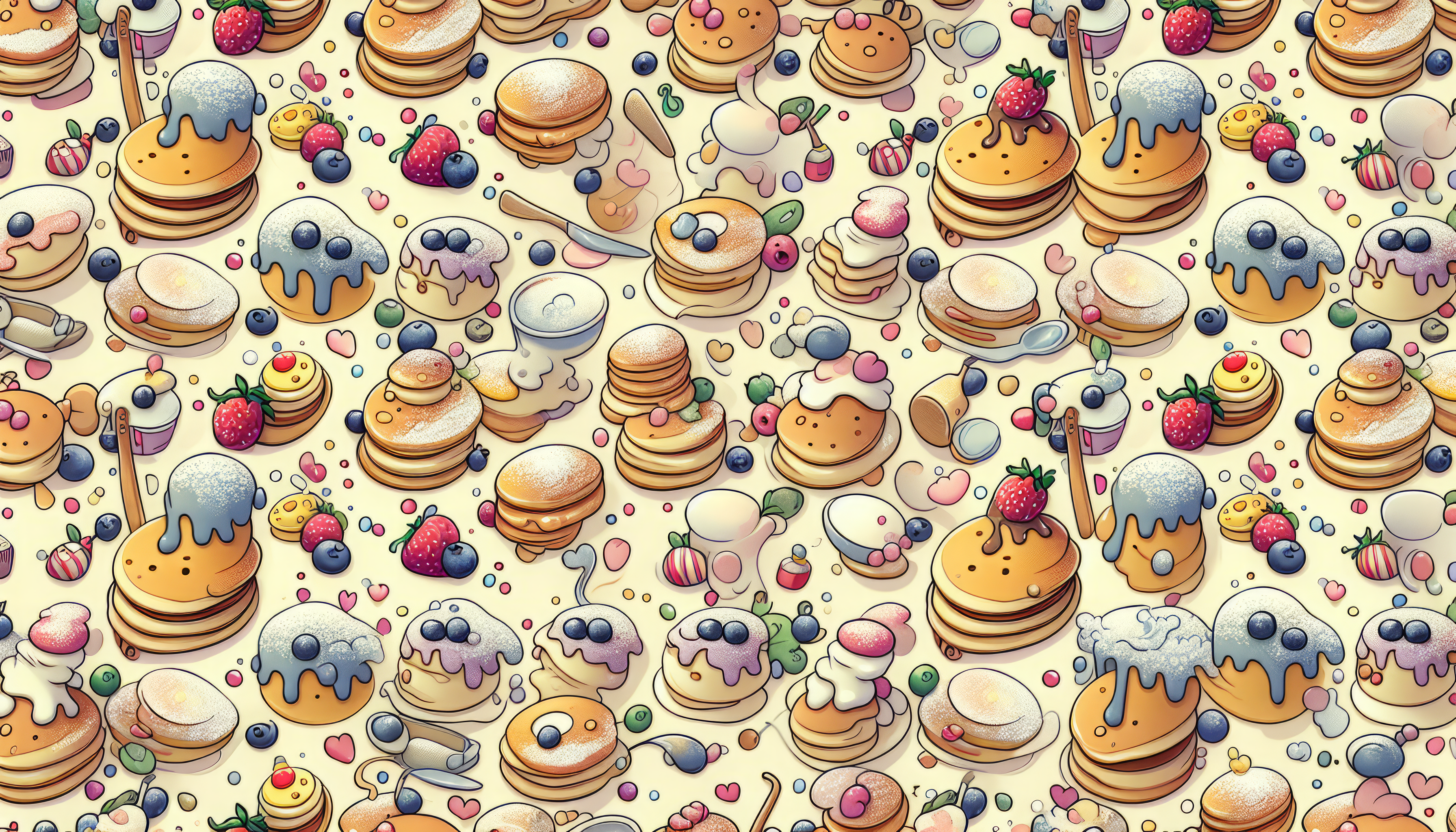 HD wallpaper featuring an assortment of illustrated pancakes with various toppings, ideal for a desktop background tagged with pancakes.