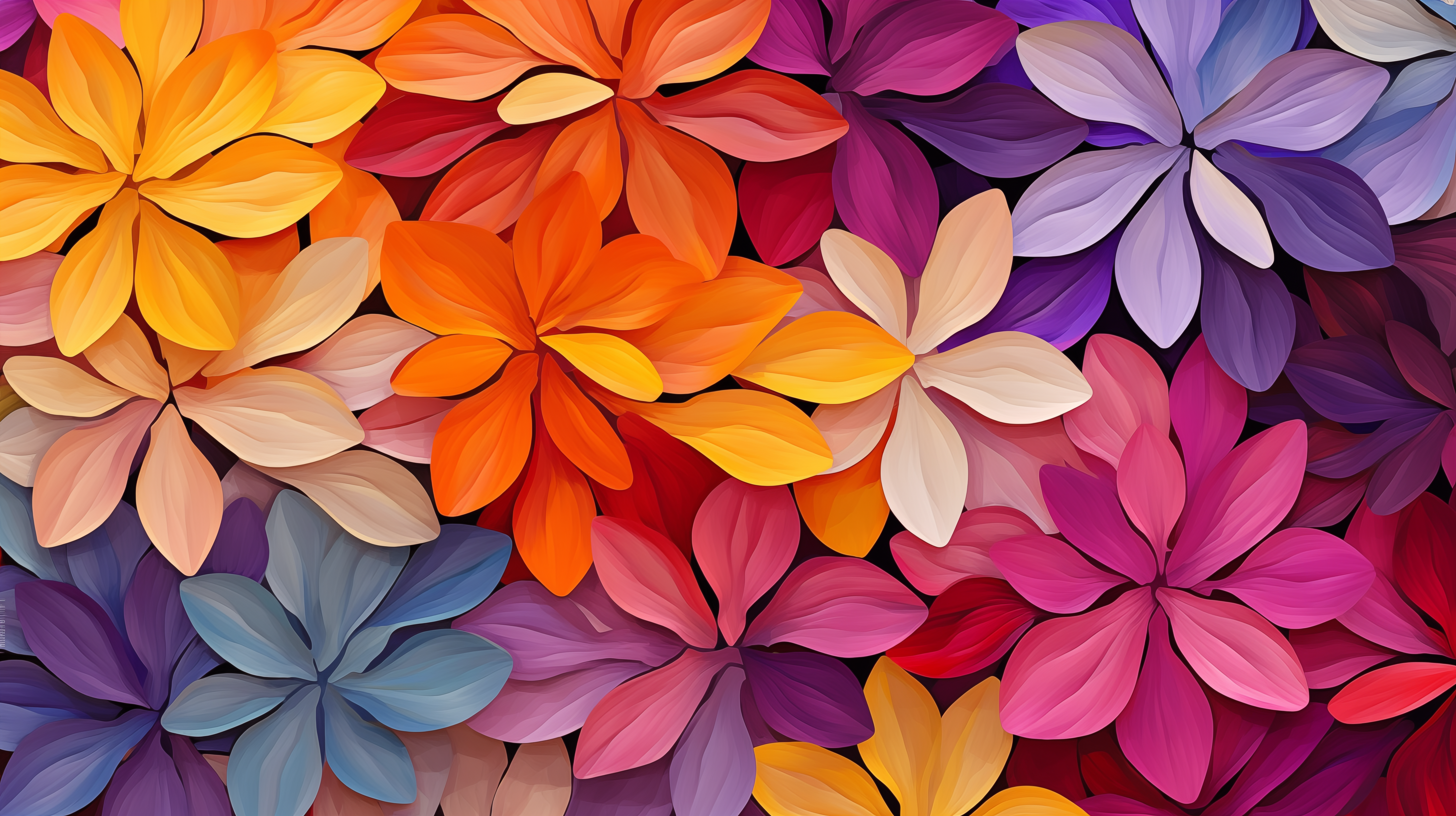 Colorful flower petals in vibrant orange, purple, and pink shades forming an HD floral desktop wallpaper background.