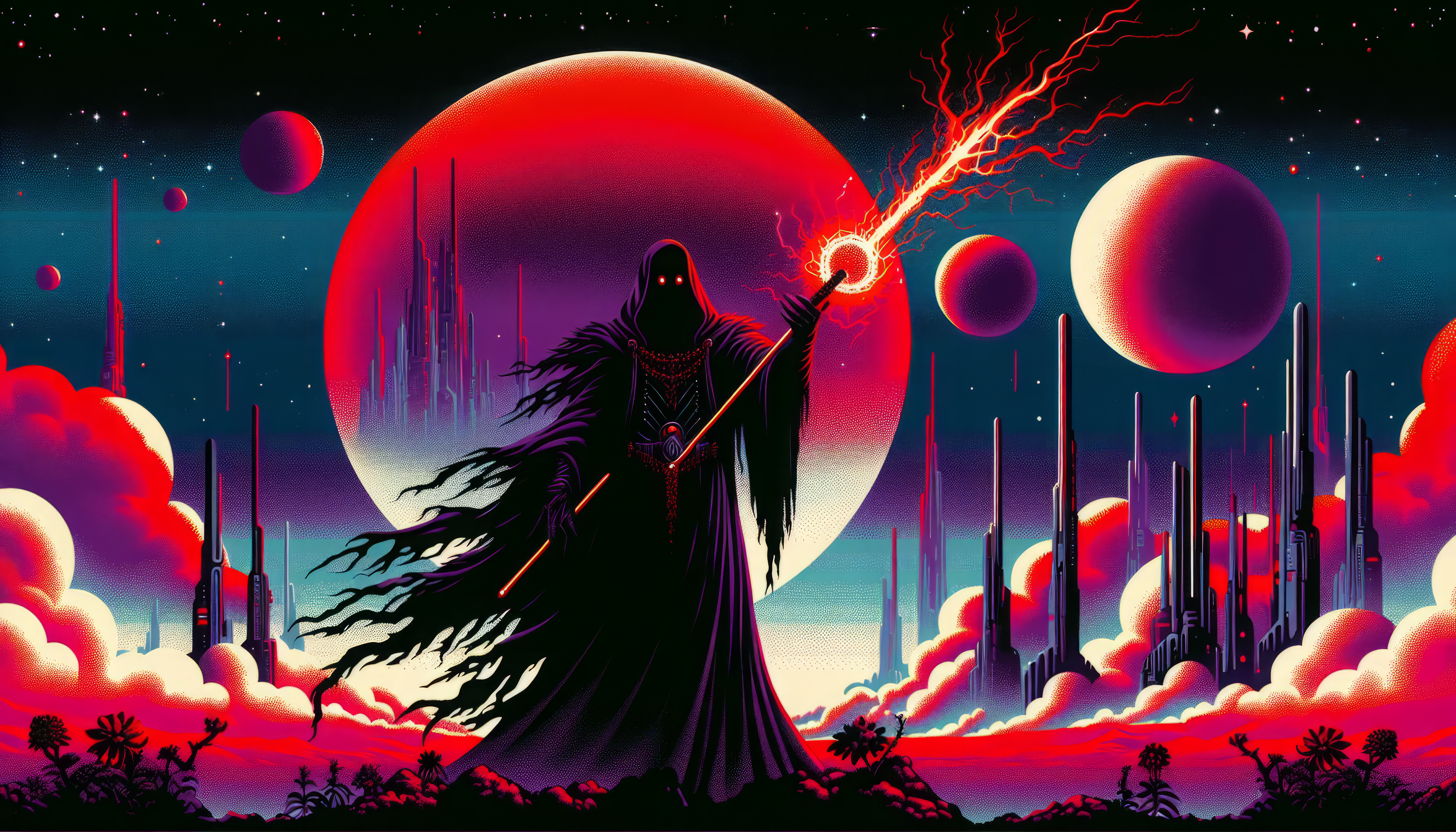 Sith Lord wielding Force lightning against a backdrop of multiple planets and futuristic cityscape, perfect for HD Star Wars-themed desktop wallpaper.