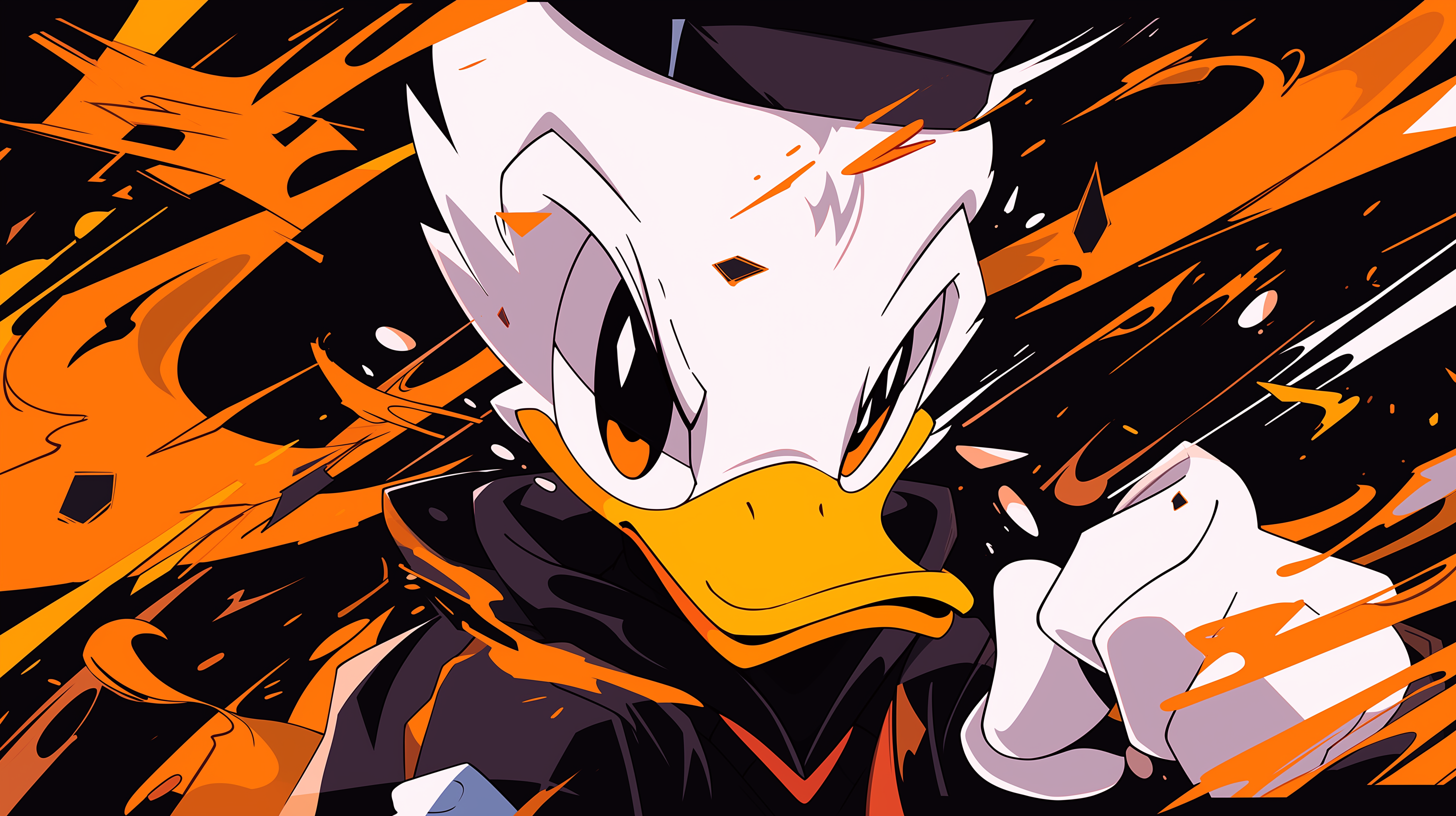 HD wallpaper featuring an animated depiction of Disney's Donald Duck with dynamic orange and black splashes in the background.