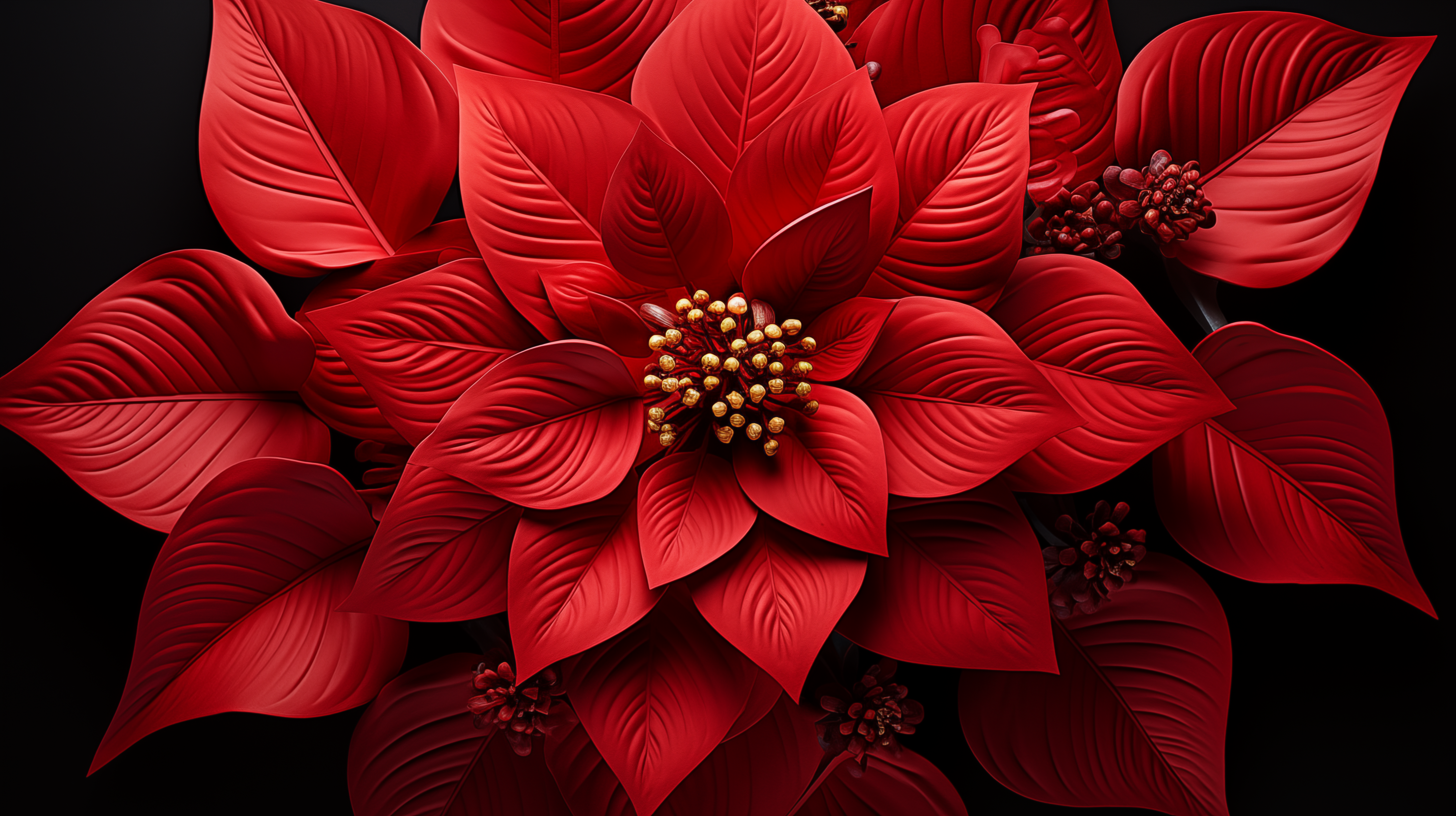 Red poinsettia HD desktop wallpaper and background with vibrant red leaves.
