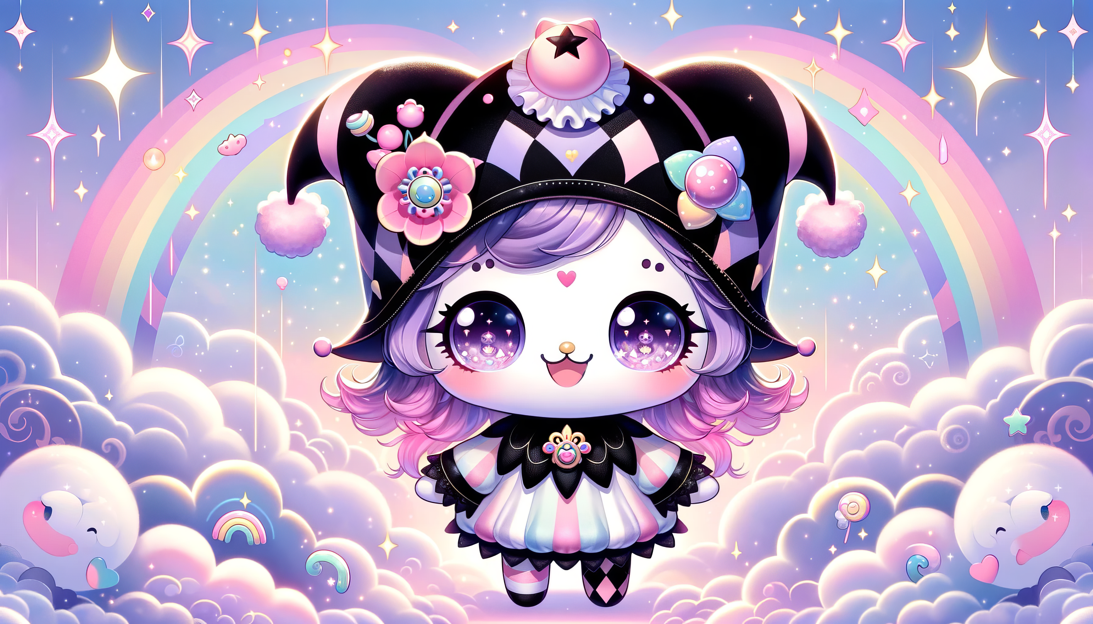 HD desktop wallpaper featuring Kuromi from Hello Kitty, with a whimsical pastel background with clouds, stars, and rainbows.