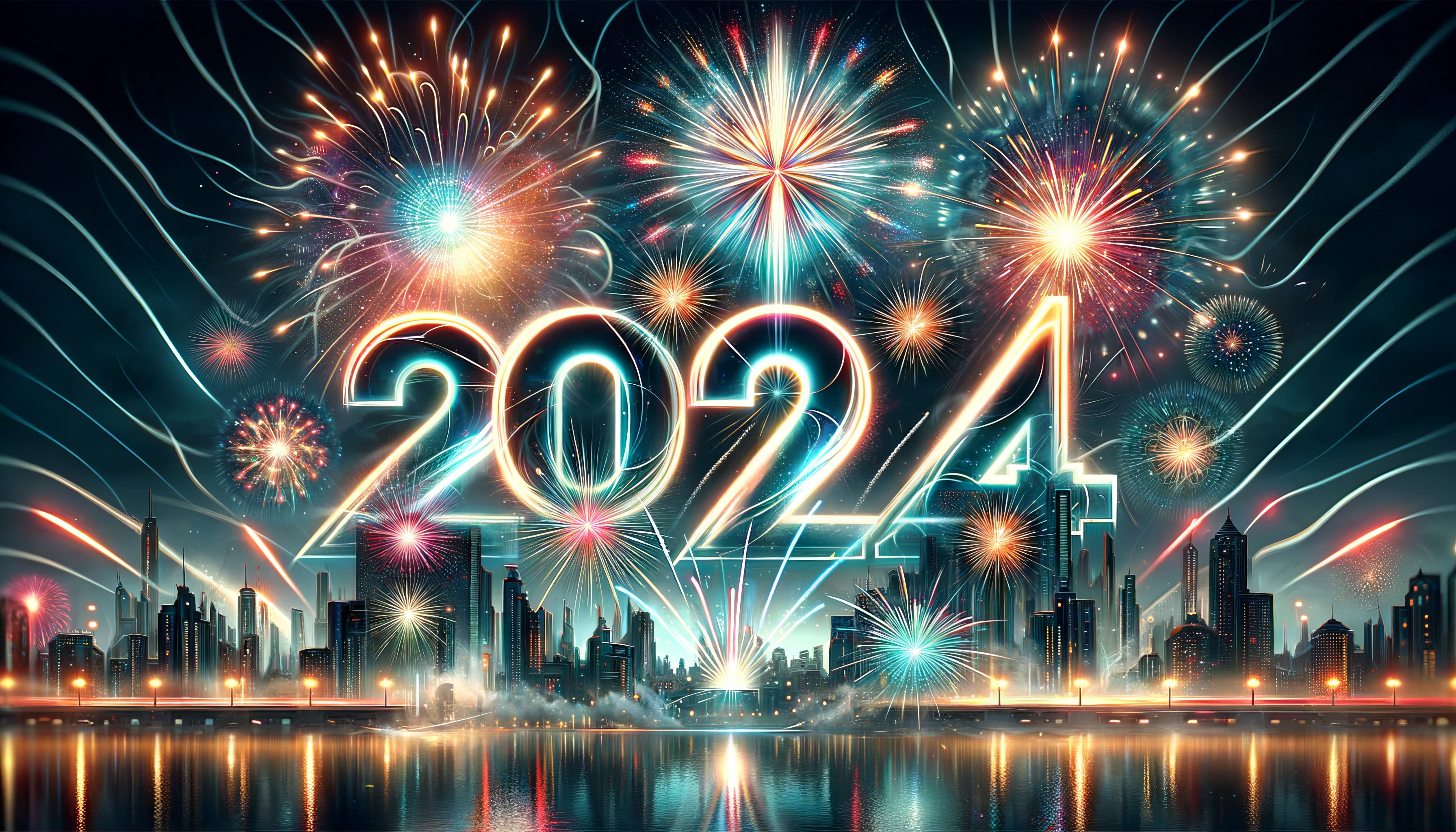 Vibrant 2024 fireworks display over city skyline HD wallpaper for desktop background.