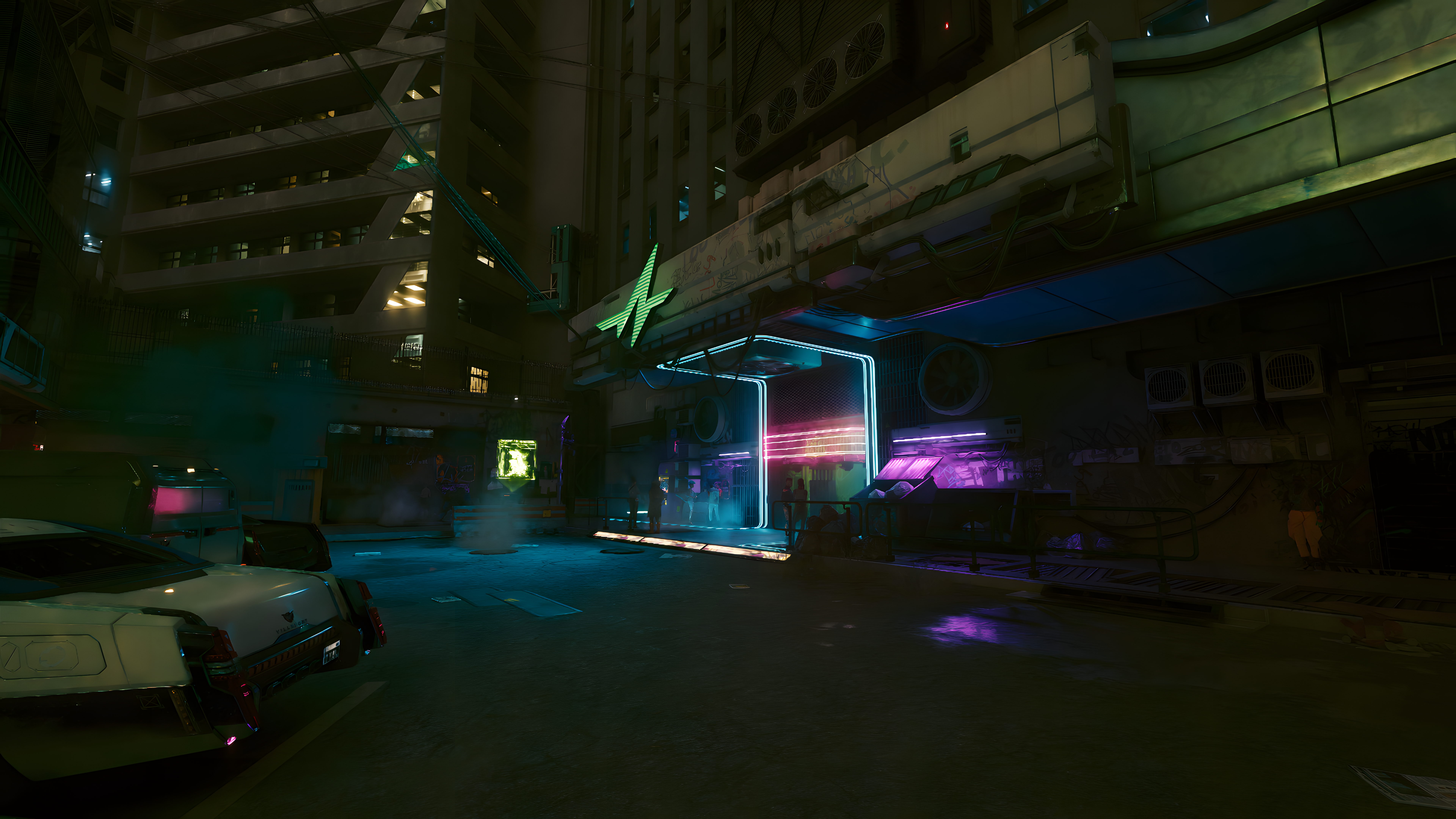 Futuristic neon cityscape at night with digital billboards, inspired by Cyberpunk 2077 - HD desktop wallpaper.