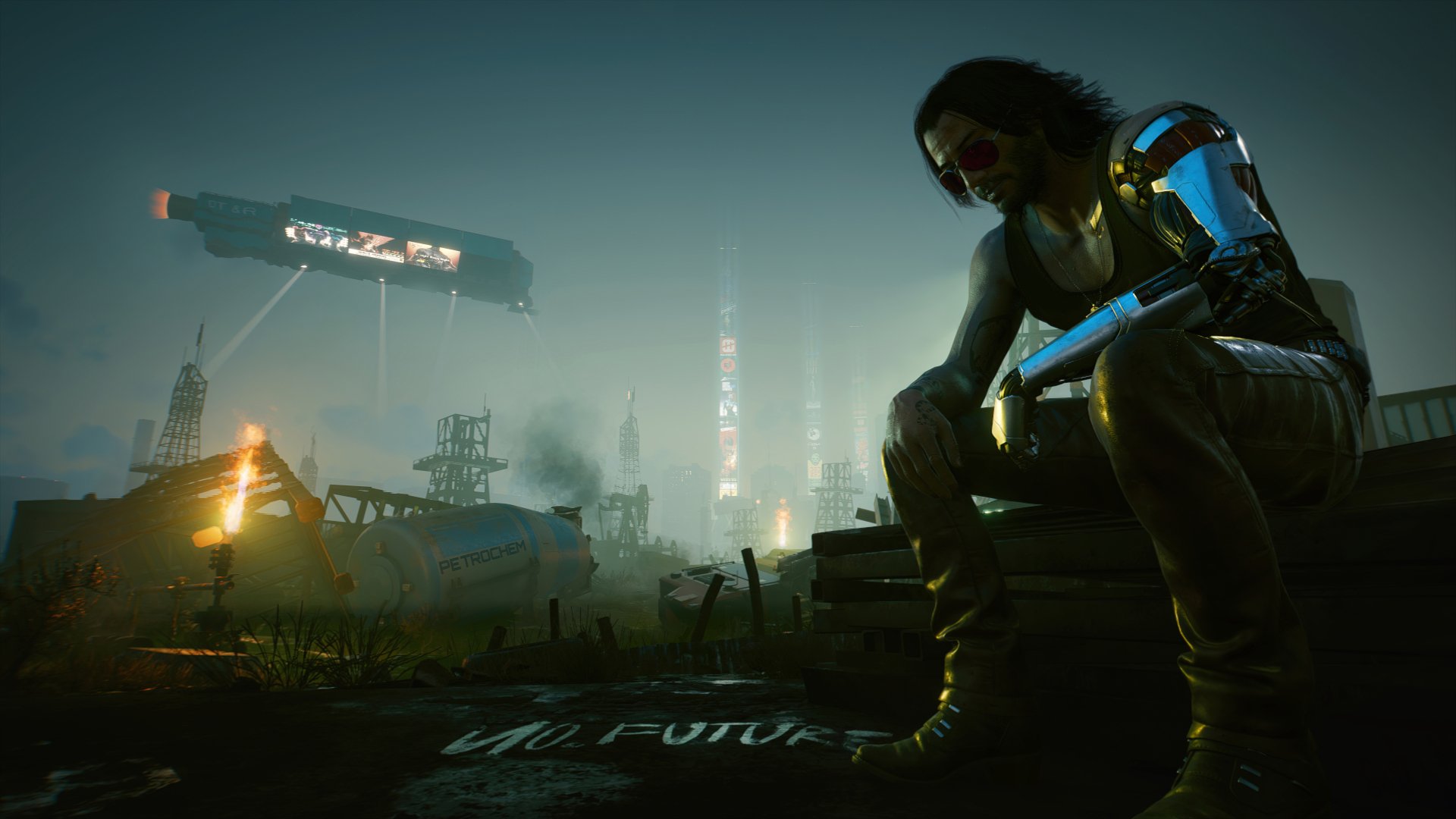 A dramatic HD wallpaper featuring Johnny Silverhand from Cyberpunk 2077, depicted in a futuristic, dystopian landscape with towering structures and a moody atmosphere.