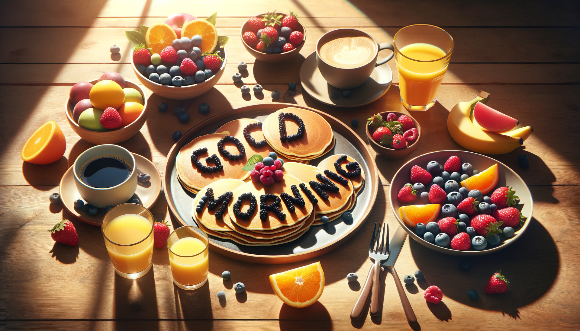 A vibrant HD desktop wallpaper showcasing a colorful breakfast spread with pancakes spelling GOOD MORNING, surrounded by fresh fruits and beverages, creating a cheerful morning atmosphere.