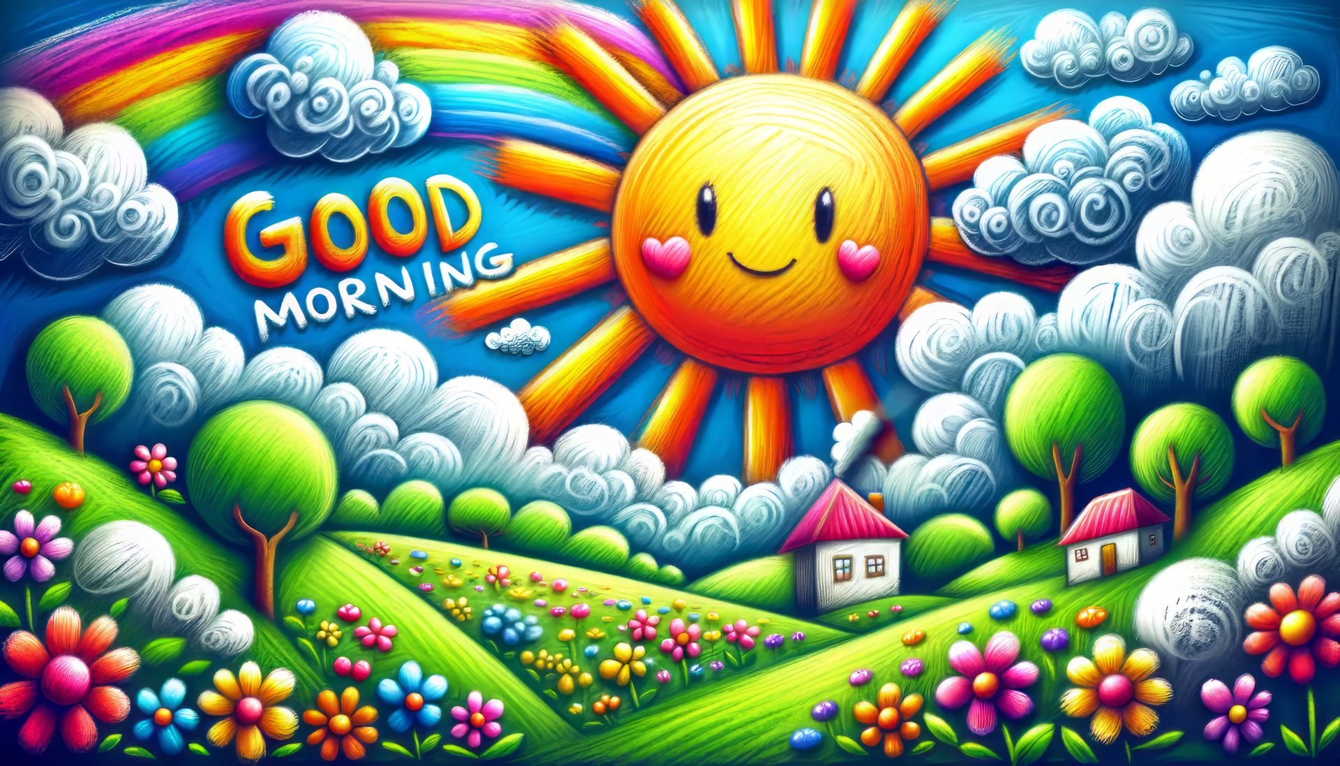 HD desktop wallpaper featuring a cheerful sun with Good Morning text, vibrant rainbows, and whimsical landscapes.