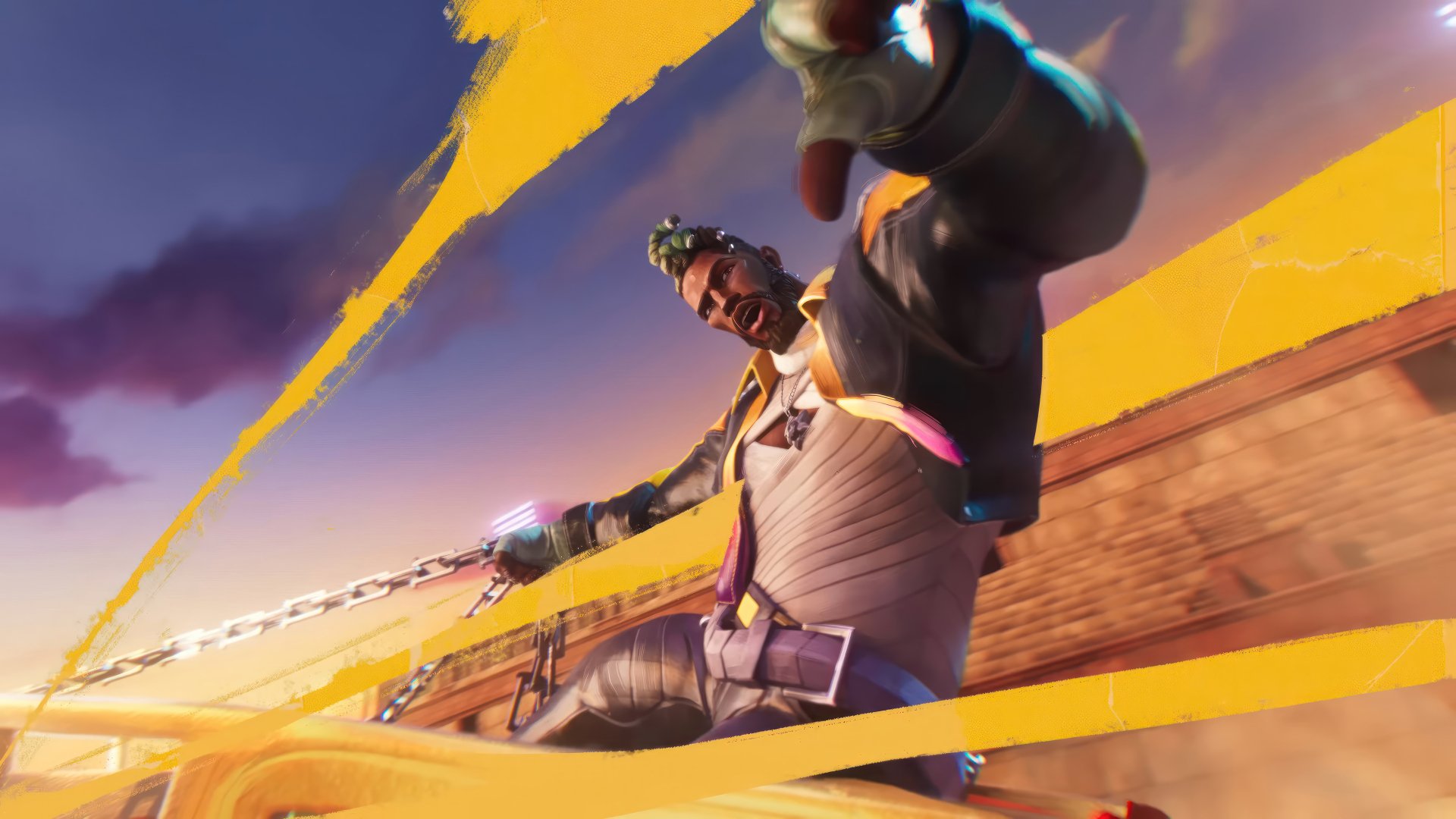 HD wallpaper of K'Sante wielding Heartsteel from League of Legends, depicting the dynamic character in action with a vivid sunset background.