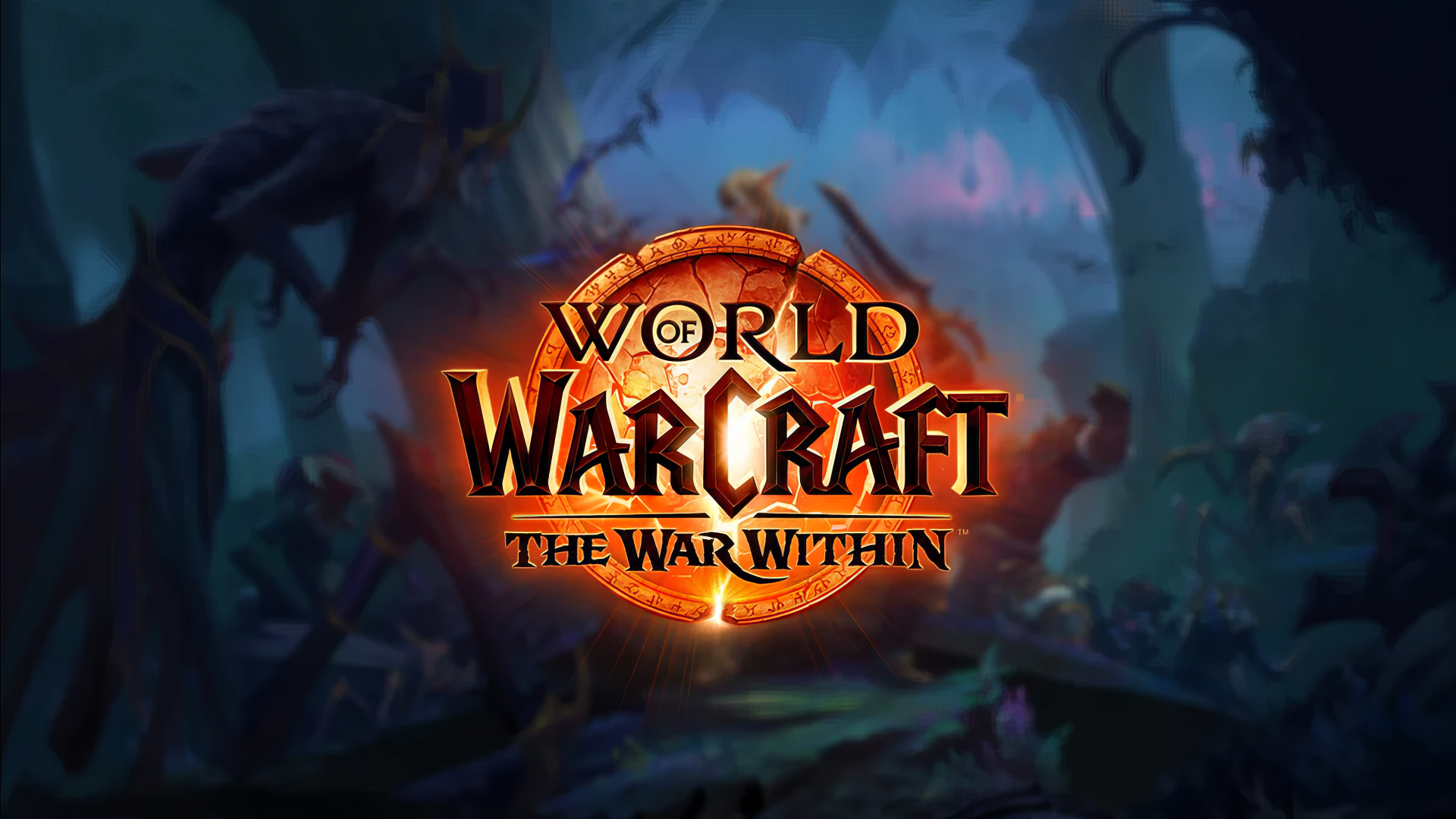 HD desktop wallpaper for World of Warcraft: The War Within, featuring the game’s logo over a mystical forest background.