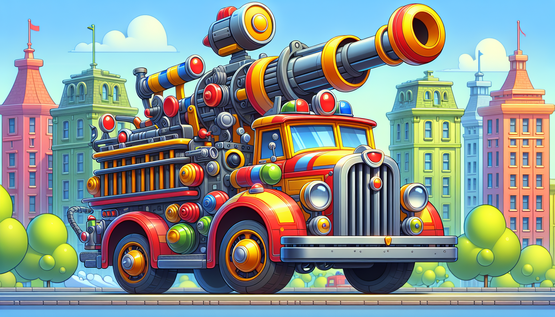 Illustration of a colorful cartoon fire engine with multiple hoses on a city backdrop for HD desktop wallpaper.