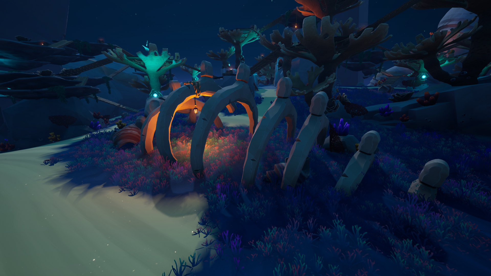 HD Blazing Sails game wallpaper featuring a mystic nocturnal beachscape with vibrant flora and glowing arches.