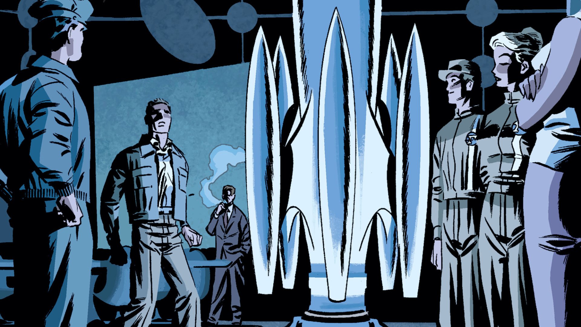 Comic scene from DC: The New Frontier — stylized 1950s men gather around a glowing rocket in a retro-futuristic hangar; HD PC desktop wallpaper and background.