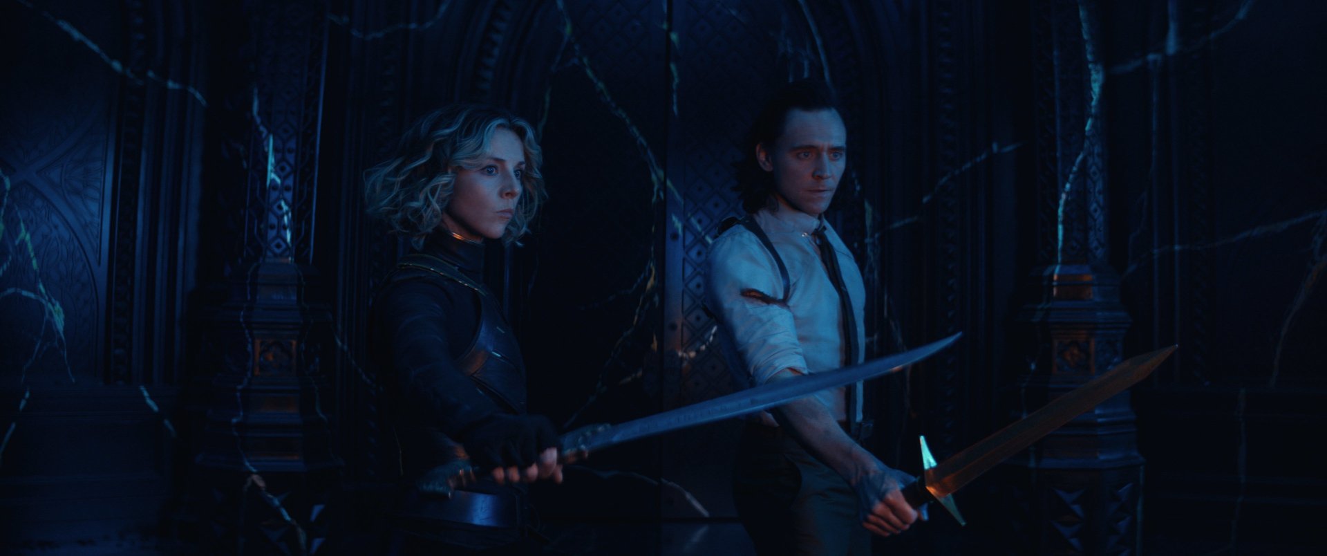 HD wallpaper featuring two characters holding weapons, in a dark setting with intricate designs, tagged with Loki for desktop background.