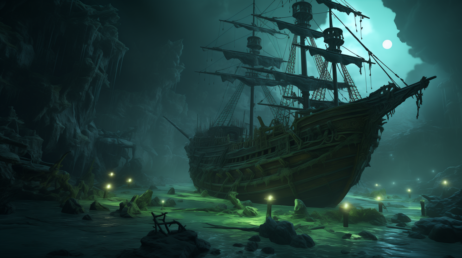 Download Boat Dark Ambiance Pirate Water Cave AI Art HD Wallpaper