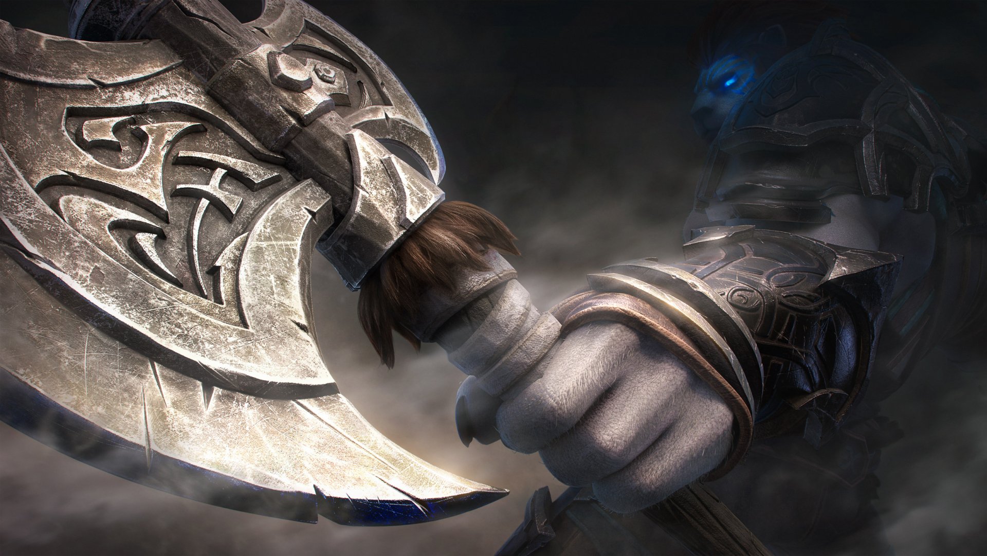 HD wallpaper of a fantasy warrior's armored hand gripping a battle axe on a mystical Tarisland-themed background.