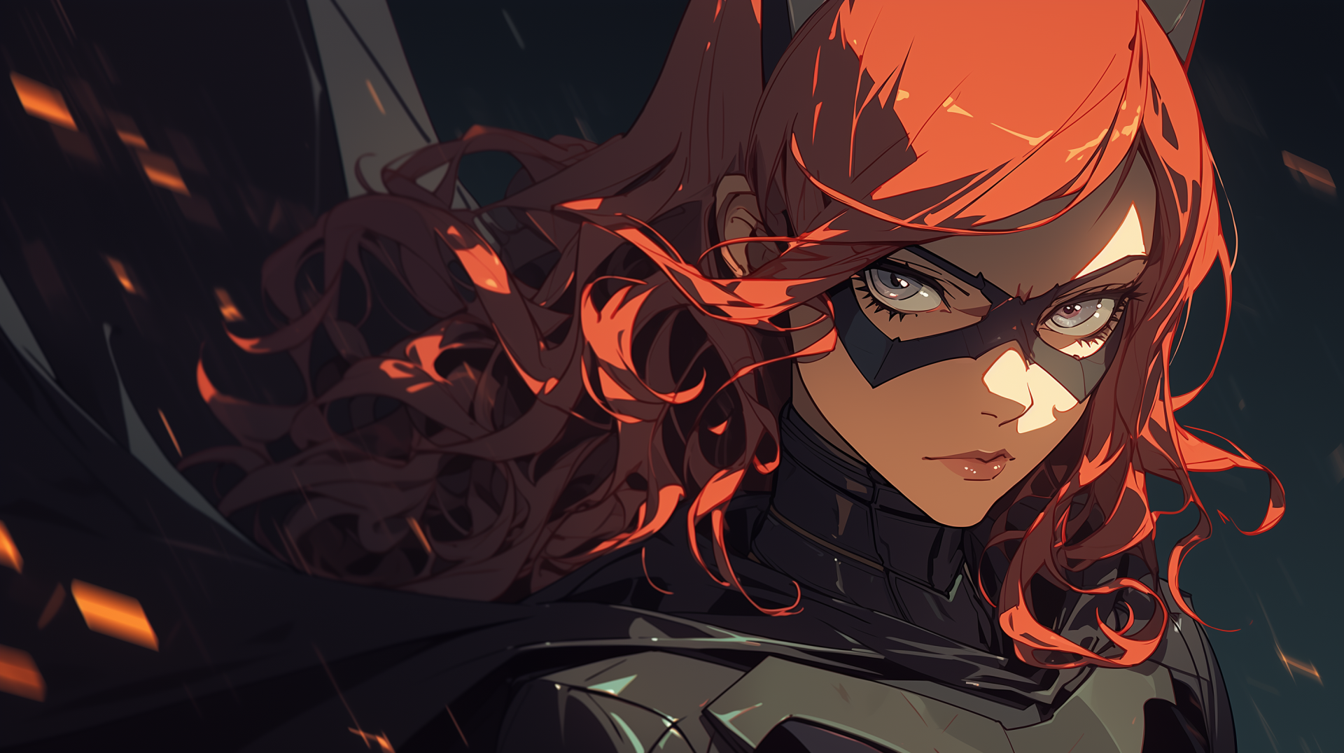 A dynamic HD desktop wallpaper featuring Batgirl, showcasing her fierce expression, flowing red hair, and iconic costume against a dark, atmospheric background.