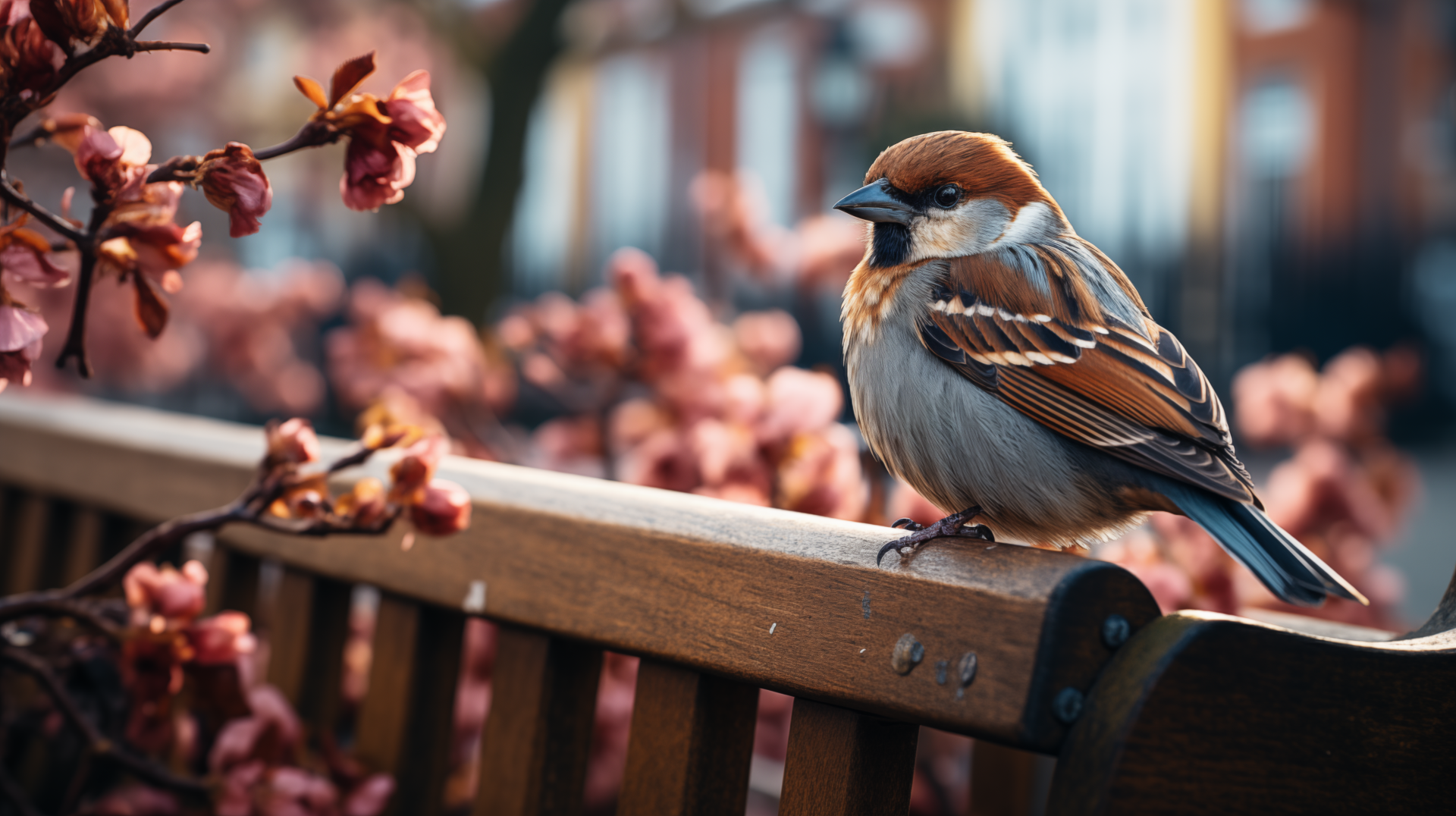 Sparrow perched on a bench with blooming flowers, HD desktop wallpaper and background.
