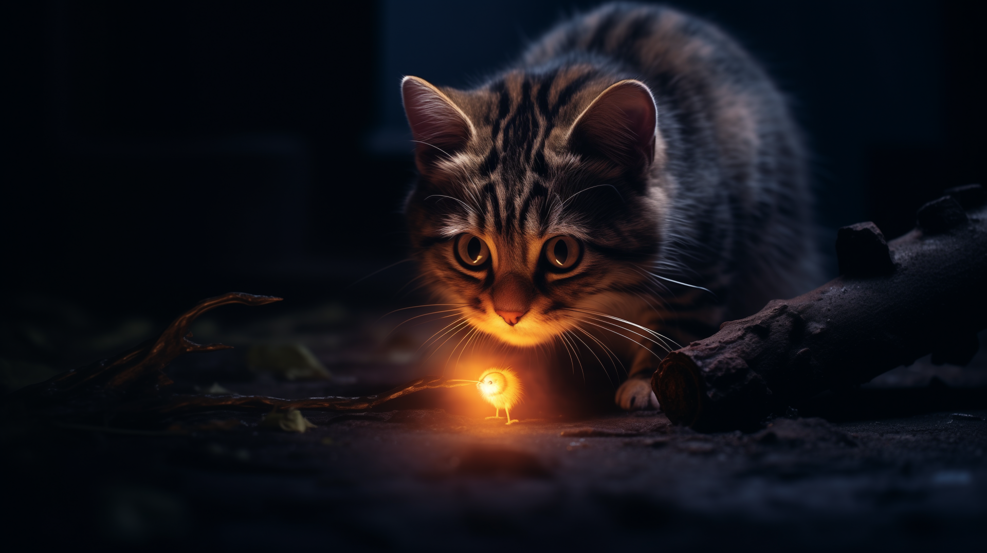 HD desktop wallpaper featuring an AI-generated image of a curious cat in a dark ambiance, staring intently at a small glowing light on the ground.