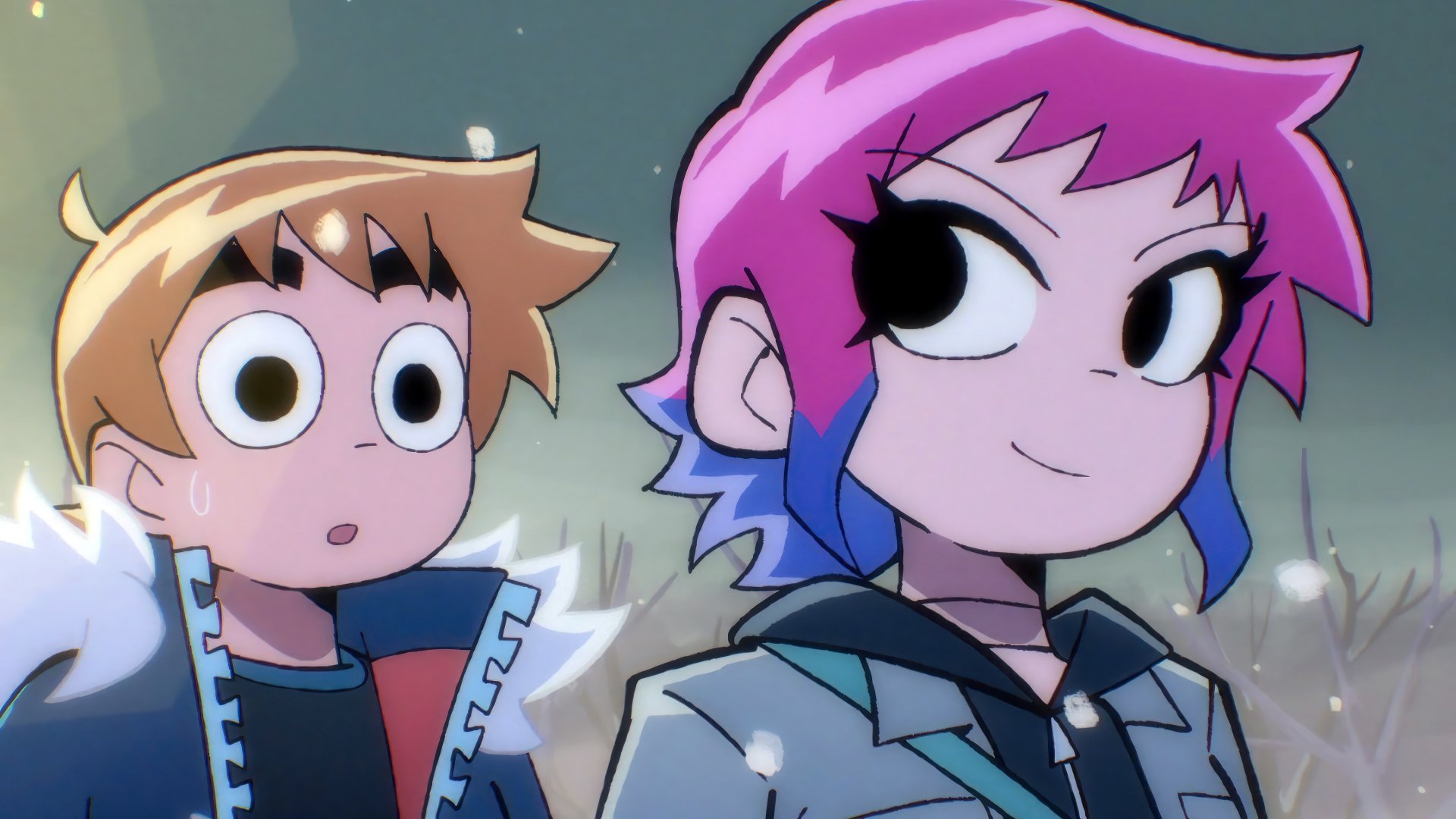 HD desktop wallpaper featuring animated characters Scott Pilgrim and Ramona Flowers from Scott Pilgrim Takes Off.
